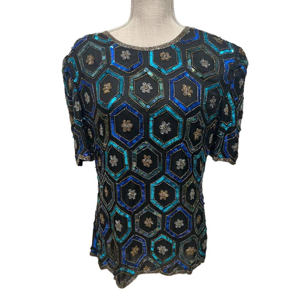 Vtg Black Blue Gold Geometric Silk Beaded Sequin Evening Blouse Top Scalloped